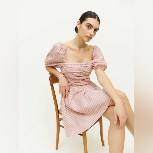 REFORMATION 100% Linen Pink Gingham Puff Sleeve Square Neck Zula Mini Dress NWT - Picture 3 of 8